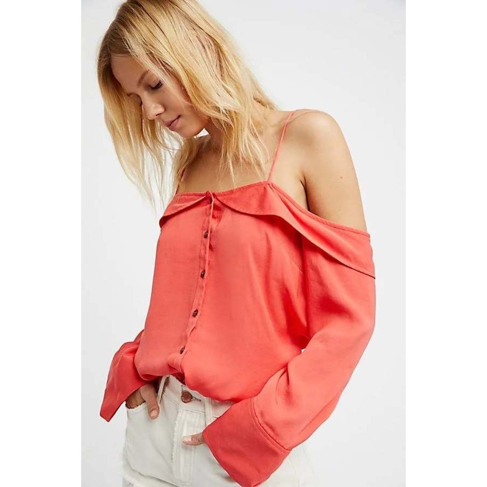 Free People Black Off The Shoulder Button Front Long Sleeve Blouse Top Size S